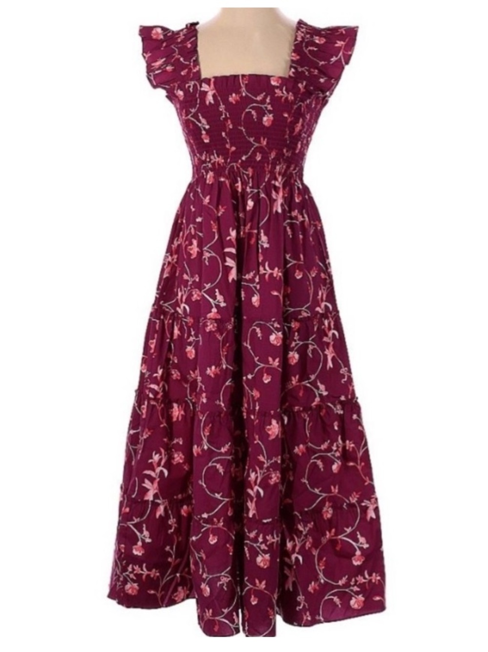 Hill House Ellie Burgundy Pink Floral Nap Midi Dress XL Smocked Tiered Like New - Picture 9 of 13